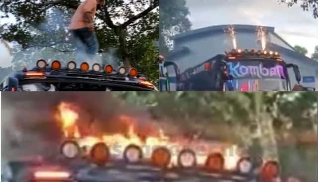ടൂറിസ്റ്റ് ബസിന് മുകളിൽ പൂത്തിരി കത്തിച്ചു, ബസിന് തീപിടിച്ചു