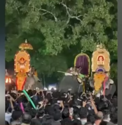 എഴുന്നള്ളത്തിനിടെ ആനയെ നിര്‍ത്തുന്നതിനെ ചൊല്ലി തര്‍ക്കം; തൃശൂരില്‍ ദേശക്കാര്‍ തമ്മില്‍ കൂട്ടയടി