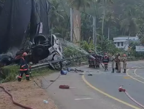 ഗ്യാസ് ടാങ്കര്‍ ലോറി മറിഞ്ഞു, ഇന്ധന ചോര്‍ച്ച; എംസി റോഡില്‍ ഗതാഗതനിയന്ത്രണം