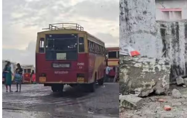 നിർത്തിയിട്ടിരുന്ന കെഎസ്ആർടിസി ബസ് റോഡിലേക്ക് നീങ്ങി; ഗേറ്റും മതിലും തകര്‍ത്തു