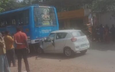 ആലംകോട് സ്വകാര്യ ബസിന്റെ പിന്നിൽ കാർ ഇടിച്ചു കയറി അപകടം; യുവാക്കൾക്ക് പരിക്ക്