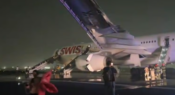 ഡല്‍ഹിയില്‍ ടേക്ക് ഓഫിനിടെ സ്വിസ് എയര്‍ വിമാനത്തിന് തീപിടിച്ചു: ആറു യാത്രക്കാര്‍ക്ക് പരിക്ക്