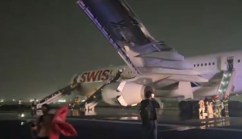 ഡല്‍ഹിയില്‍ ടേക്ക് ഓഫിനിടെ സ്വിസ് എയര്‍ വിമാനത്തിന് തീപിടിച്ചു: ആറു യാത്രക്കാര്‍ക്ക് പരിക്ക്