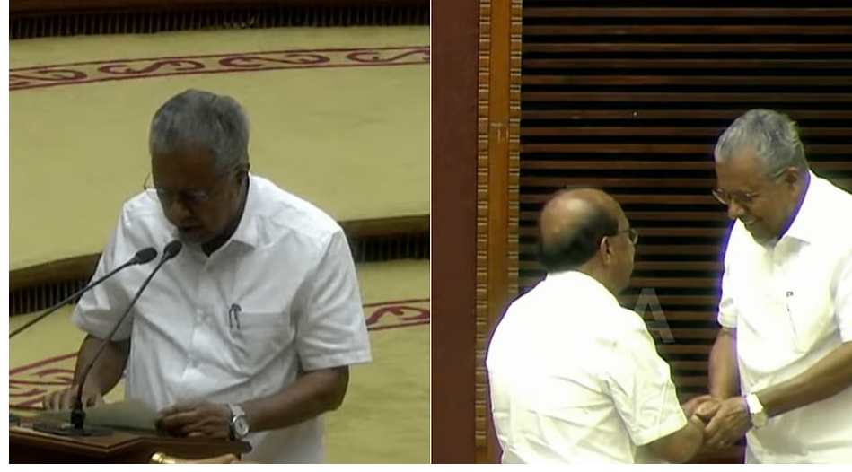 സുധാകരന് മുന്നിൽ സത്യപ്രതിജ്ഞ ചെയ്ത് പിണറായി; പേരിലെ ‘മേനോൻ’ ആവർത്തിച്ച് മുഖ്യമന്ത്രി വി ഡി സതീശൻ
