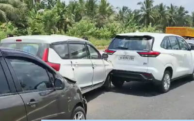 ദേശീയപാതയിൽ പന്തലാംപാടത്ത് അഞ്ച് കാറുകൾ കൂട്ടിയിടിച്ചു; ഒരാൾക്ക് പരിക്ക്