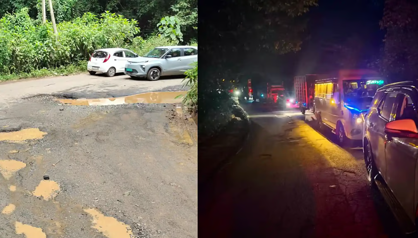 മാക്കൂട്ടം ചുരം റോഡ് തകർന്ന് തരിപ്പണമായി: അഞ്ചുമണിക്കൂറോളം ഗതാഗതക്കുരുക്ക്